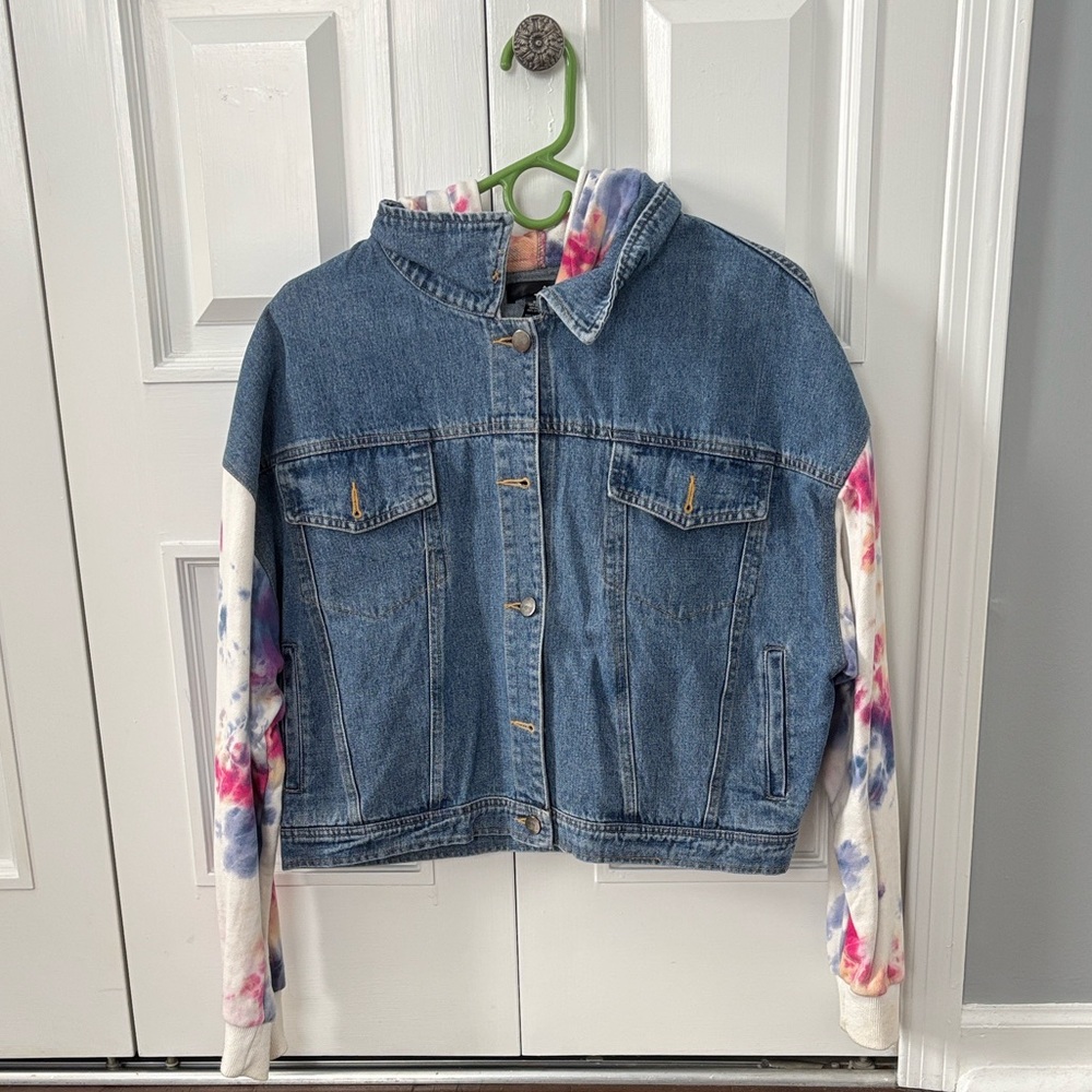 Aqua Denim Jacket with Tie-Dye Hood & Sleeves